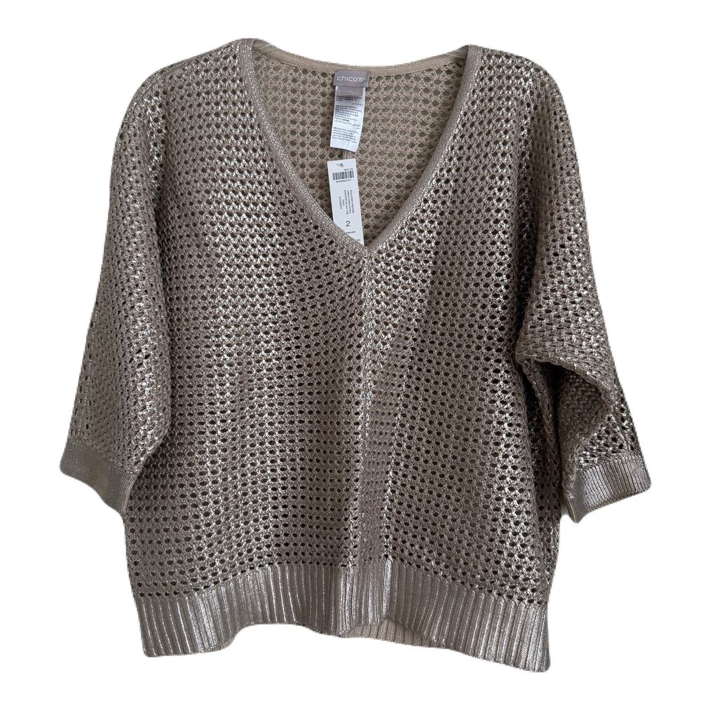 Chico's NWT V-Neck Open Stitch Gold Sweater - Large